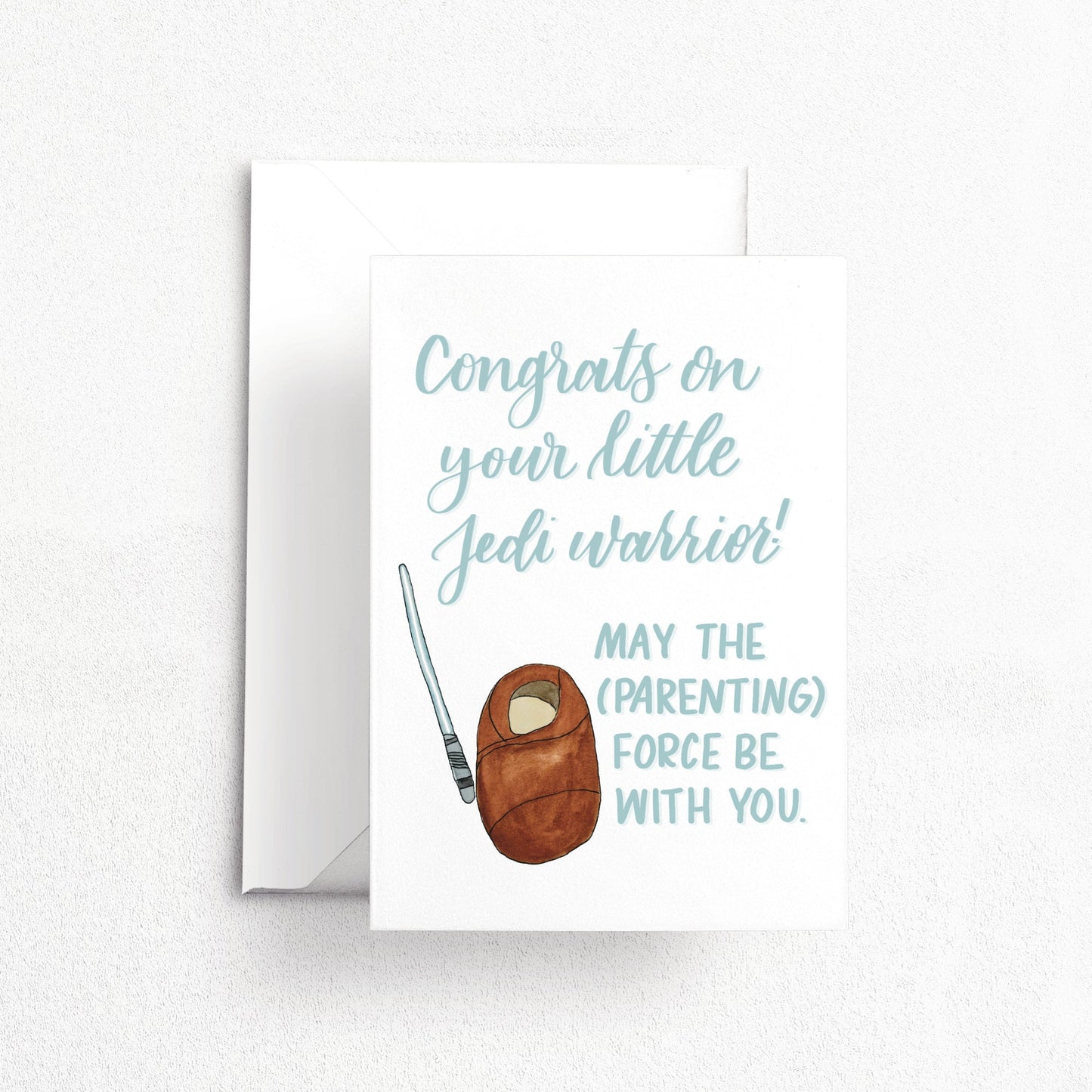 Baby Jedi Warrior New Parent Card | Watercolor & Calligraphy| New Mom and Dad Gift | Star Wars Card | Nerd Geek gift | Padawan Light Saber