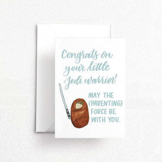 Baby Jedi Warrior New Parent Card | Watercolor & Calligraphy| New Mom and Dad Gift | Star Wars Card | Nerd Geek gift | Padawan Light Saber