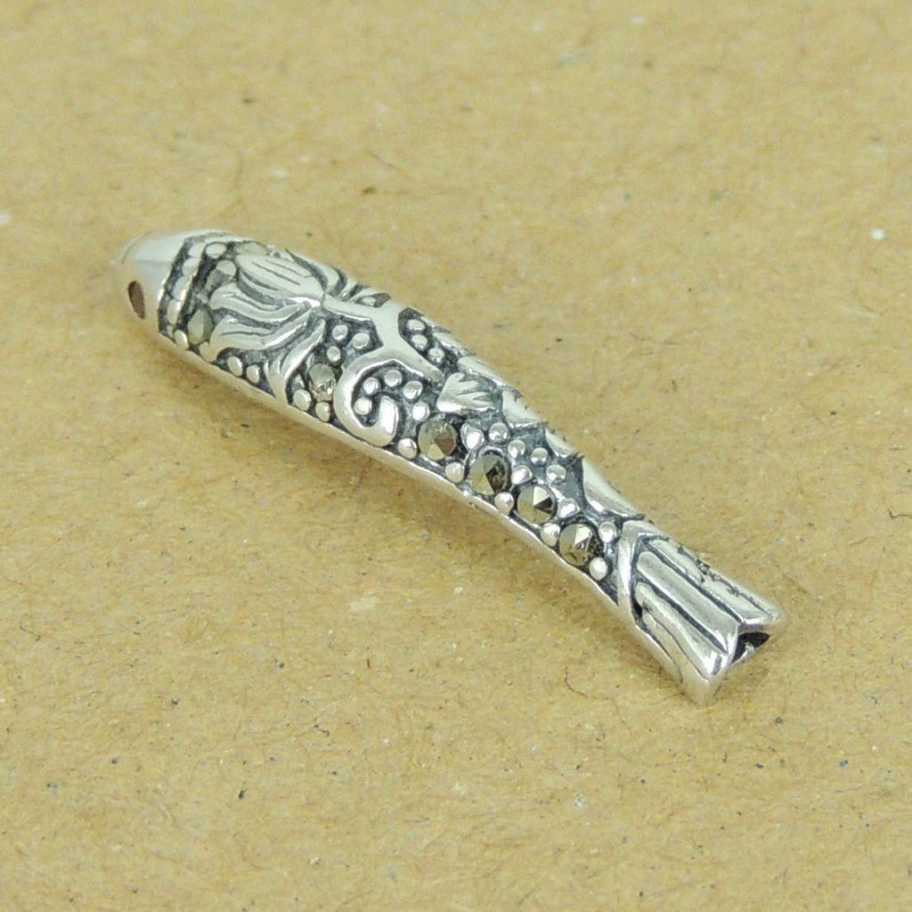 1 PCS 925 Stamped Sterling Silver Marcasite Lotus Chinese Lucky Fish Charm Bead WSP343X1 Wholesale: See Discount Coupons in Item Details