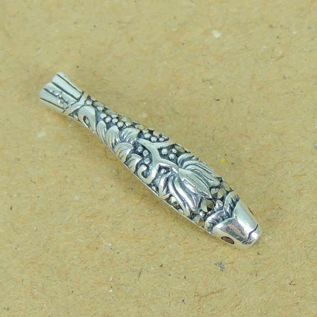 1 PCS 925 Stamped Sterling Silver Marcasite Lotus Chinese Lucky Fish Charm Bead WSP343X1 Wholesale: See Discount Coupons in Item Details